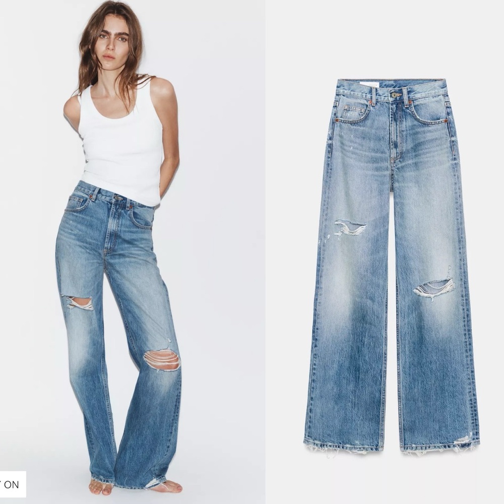 ZARA TRF RIPPED HIGH WAIST WIDE LEG JEANS